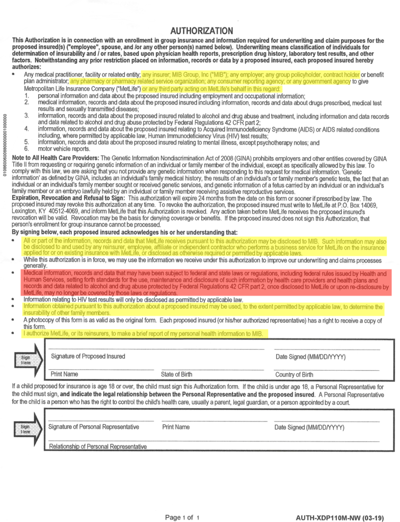 Scanned and highlighted copy of MetLife's Authorization Form, required of all applicants for life insurance