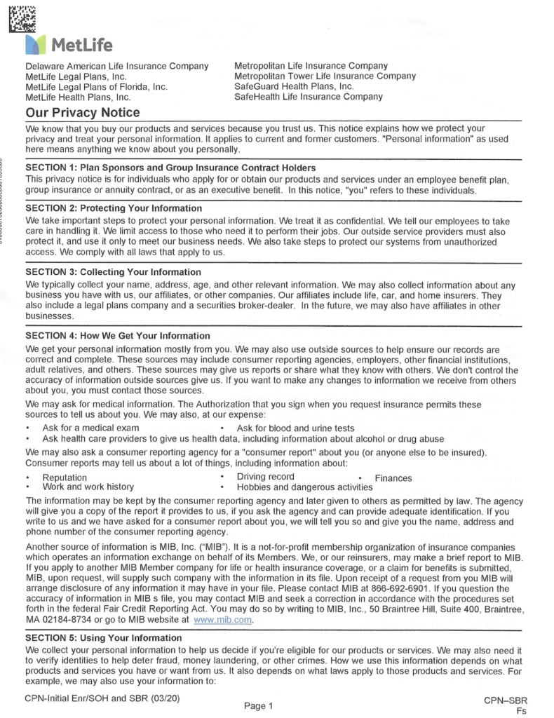 MetLife Privacy Notice, Pg. 1